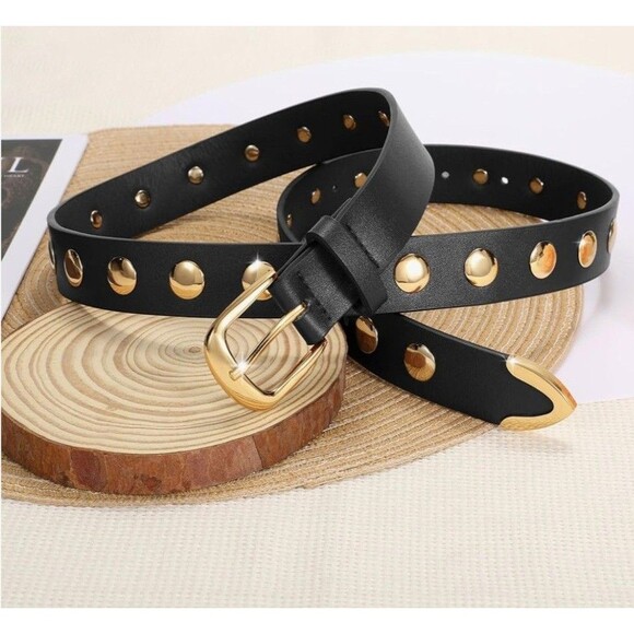 Women Faux Leather Belt Fashion Studded Belt Suit for size 21-24" Gold Black - Picture 1 of 6